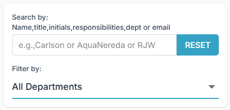 Image of the left-hand search panel, showing the Search Bar, Department Filter, and Reset button